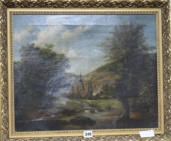 German or Austrian School mid 19th century oil of a village 40 x 50cm.